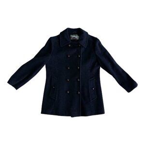VTG Mackintosh 100% Wool Navy Pea Coat Women Sz 12 Leather Wrapped Buttons